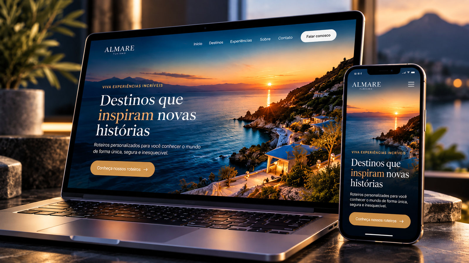Mockup do site de turismo Almare exibido em computador e celular
