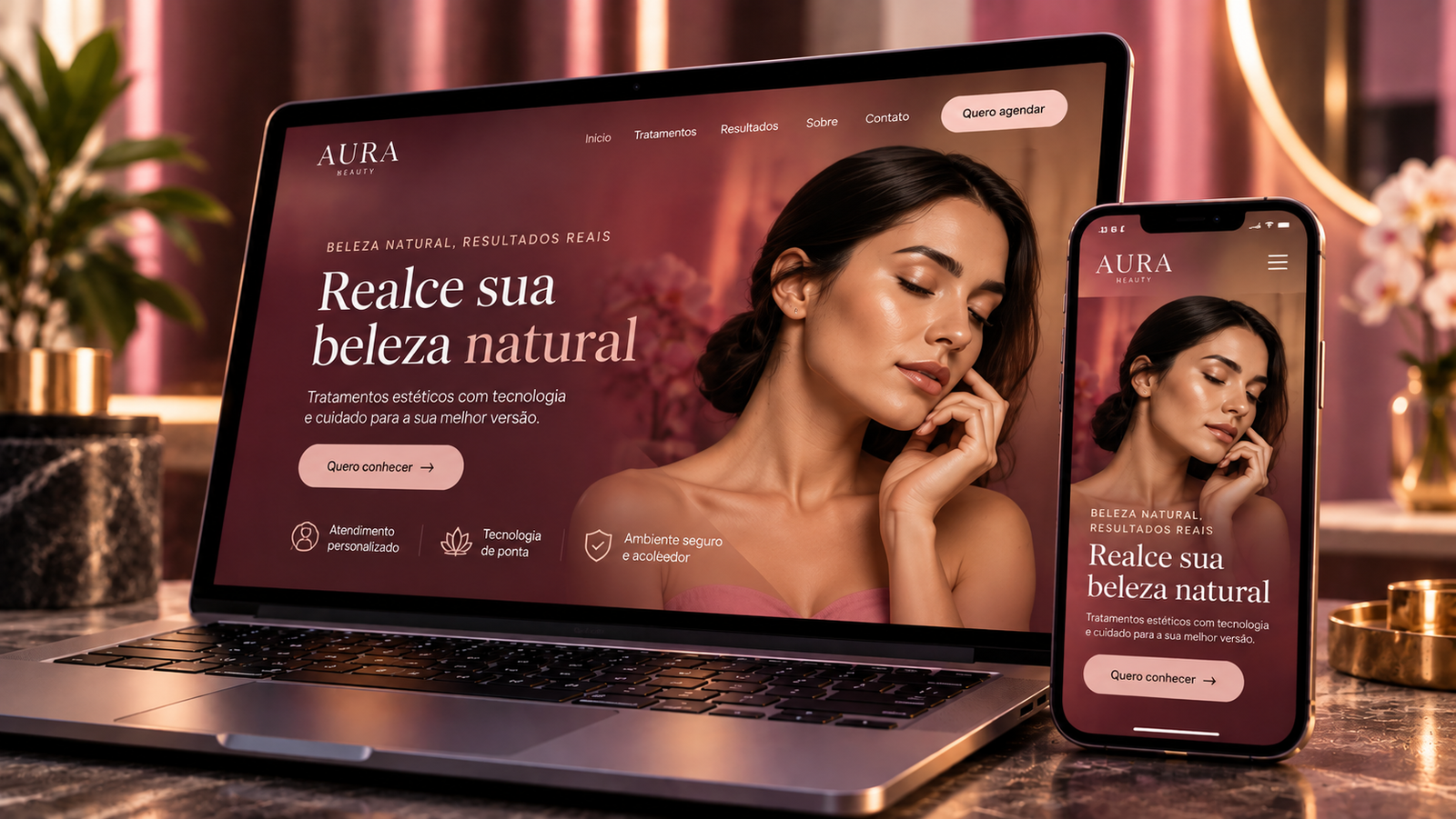 Mockup da landing page Aura Beauty para salão de beleza