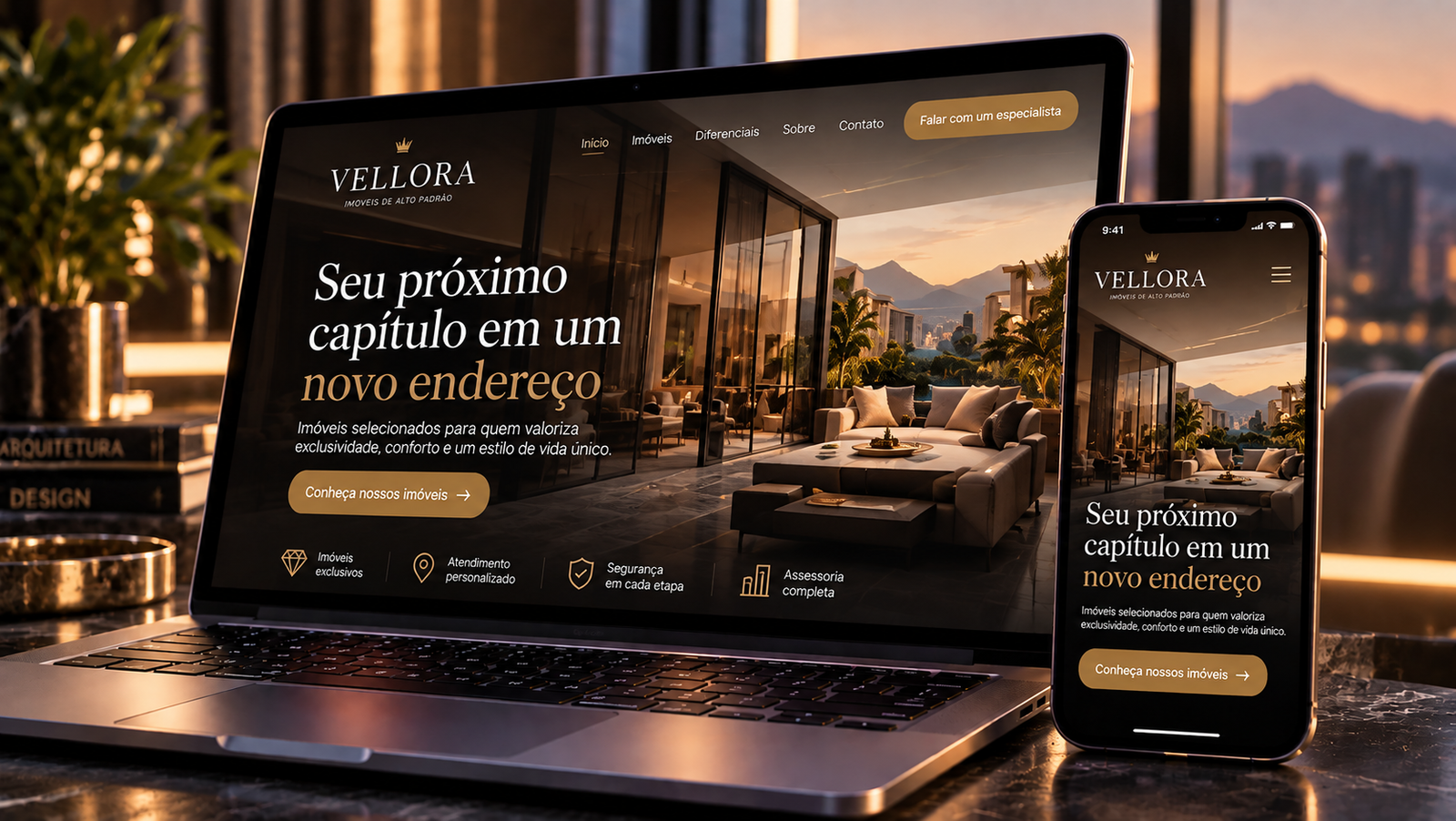 Mockup do projeto de estudo Vellora para o setor imobiliário