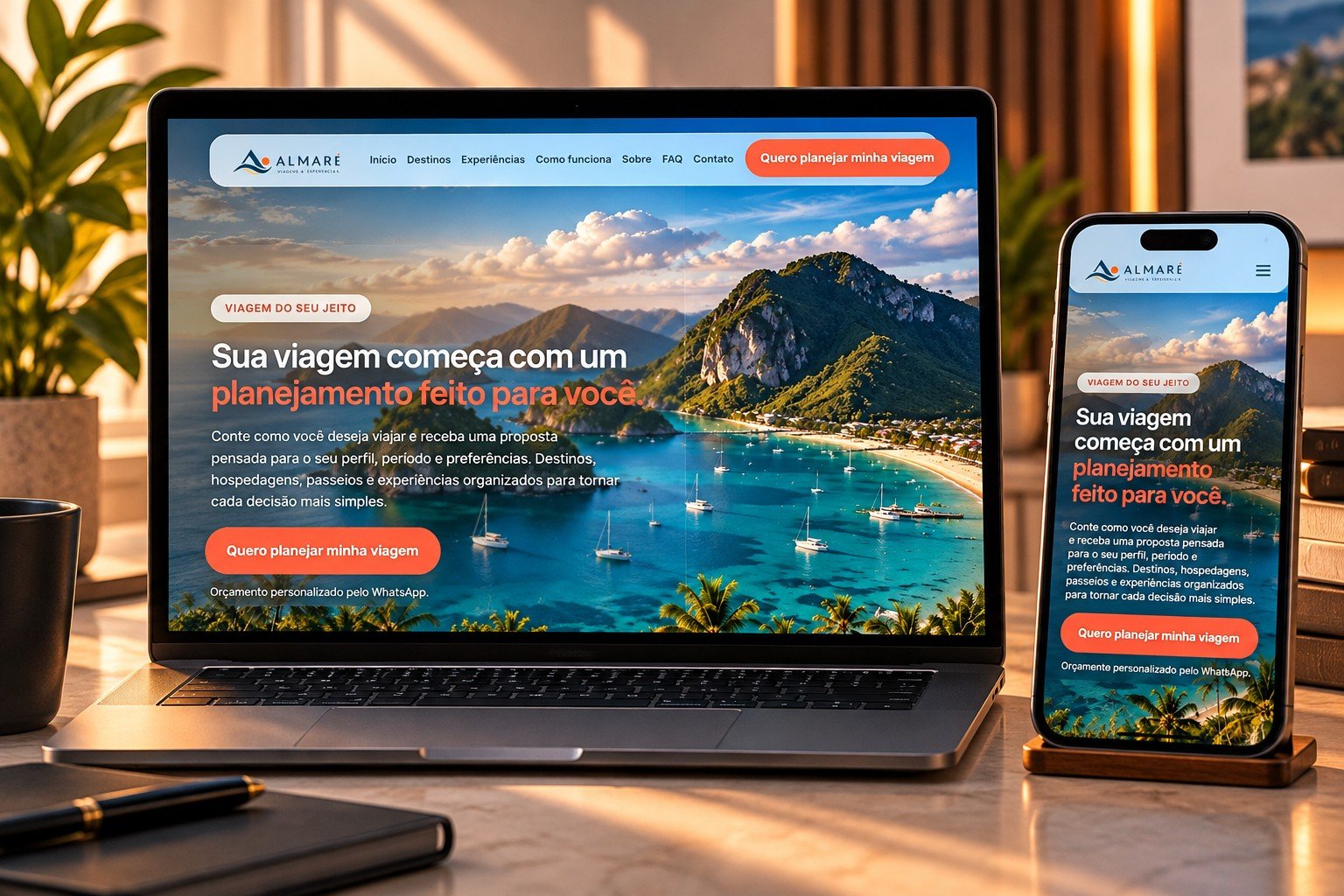 Mockup do site de turismo Almare exibido em computador e celular