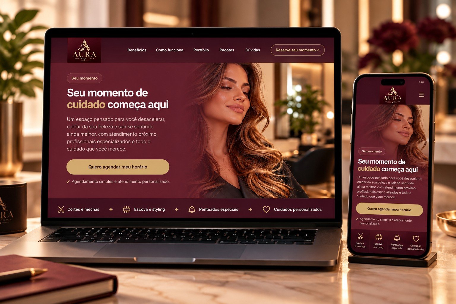 Mockup da landing page Aura Beauty para salão de beleza