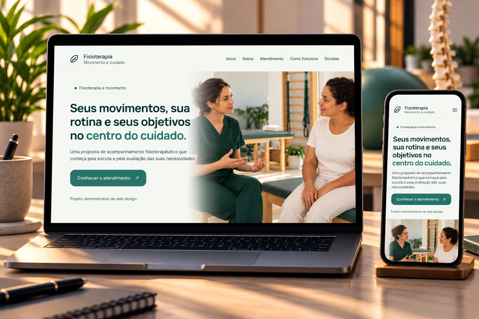 Mockup do site institucional demonstrativo para fisioterapeuta, com visualização em dispositivos
