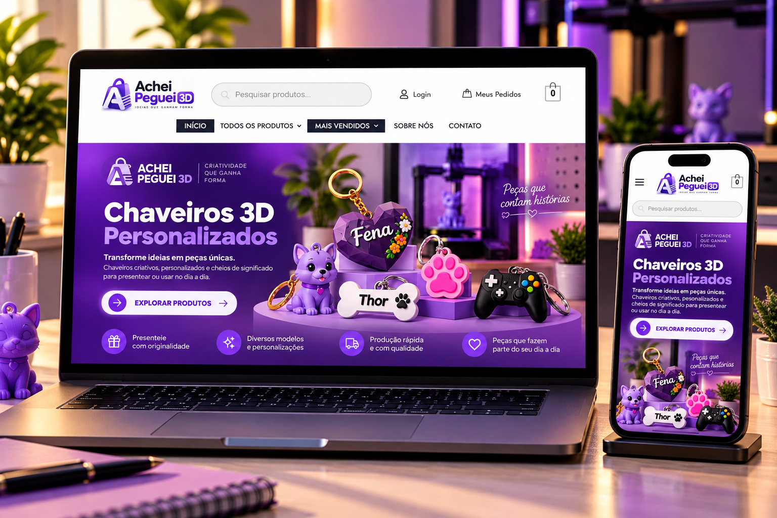 Mockup da loja virtual demonstrativa Achei Peguei 3D, com apresentação de produtos personalizados