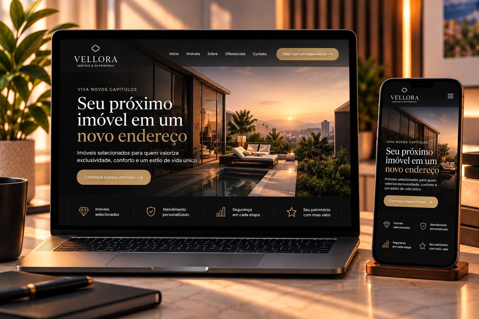 Mockup do projeto de estudo Vellora para o setor imobiliário